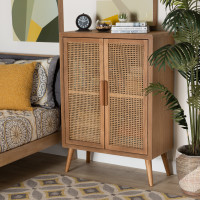 Baxton Studio JY1904-Medium Oak-Cabinet Alina Mid-Century Modern Medium Oak Finished Wood and Rattan 2-Door Accent Storage Cabinet